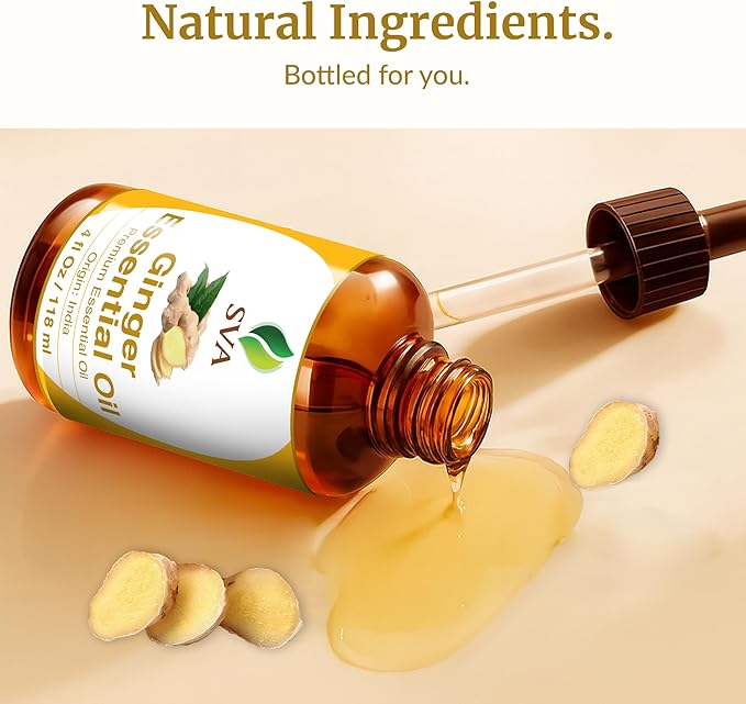 SVA Ginger Essential Oil – 4 Fl Oz – 100% Natural Ginger Oil - for Diffuser, Hair Care, Face, Skin Care, Aromatherapy, Scalp and Body Massage, Soap and Candle Making – with Dropper