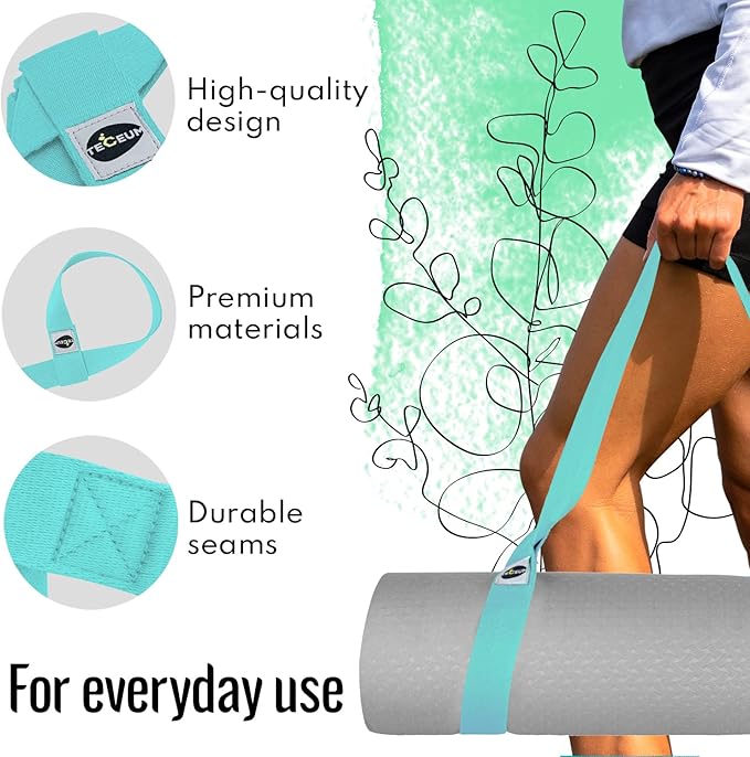 TECEUM Yoga Mat Strap – 30+ Colors – Adjustable Mat Holder Sling Carrier for All Mats [Mat Not Included]