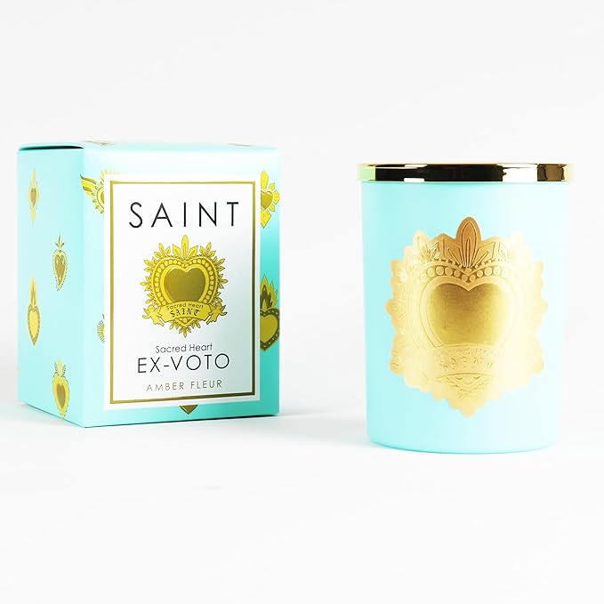 SAINT Ex-Voto Sacred Heart Devotional Scented Candle with Prayer Coin, Amber Fleur Soy Coconut Aromatherapy Candle with 80 Hour Burn Time, Collector Series Edition III (Blue)