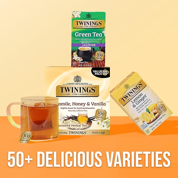 Twinings Camomile, Honey & Vanilla Herbal Tea Individually Wrapped Bags, 100 Count (Pack of 1), Naturally Caffeine-Free, Enjoy Hot or Iced, 100 Teabags