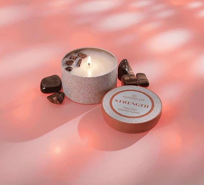 Luxury Candle Tin, 6 OZ, Strength - Tiger Eye Crystal Infused - Scents of Cedarwood, Amber, & Sage - Power, Courage, & Expansion - Coconut Wax, Essential Oils, Dr. Developed