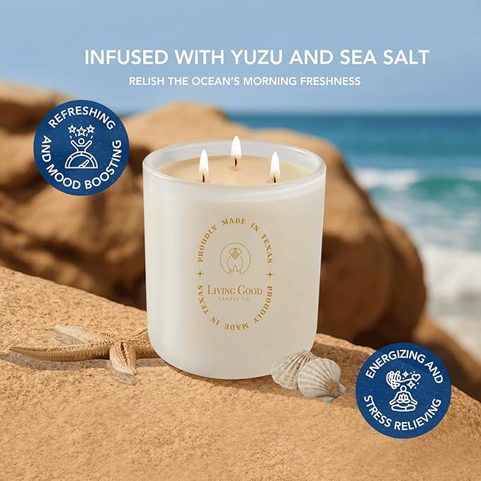 Coastal Breeze - Yuzu & Sea Salt Pure Beeswax Candle – 90+ Hours Long Burning Classically Designed Non-Toxic Scented Candles for Home Decor with Natural Fragrance 15 oz
