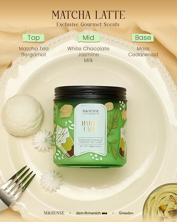 M&SENSE Matcha Latte Scented Candle, 11.6oz Natural Soy Wax, 70 Hours Long Lasting Clean Burn, Green Tea Creamy Aroma for Stress Relief, Non-Toxic Relaxing Aromatherapy Gifts for Women