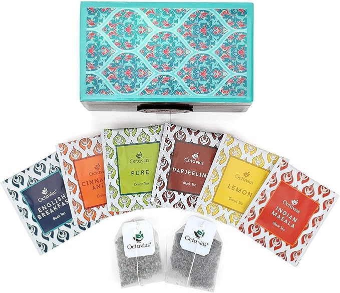 Octavius Assorted Tea Gift Set | 6 Assorted Black & Green Teas | 30 Teabags | Wooden Tea Sampler Pack w/Ornate Floral Design | Pack of 2