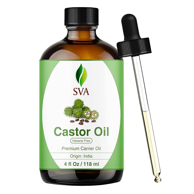 SVA Castor Seed Oil - 4 Fl Oz – 100% Natural Cold Pressed Castor Oil - for Face, Skin Care, Hair Care, Scalp Massage & Body Massage – Carrier Oil with Dropper