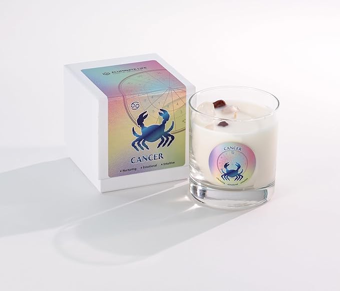 Luxury Glass Jar Candle, Cancer Zodiac Sign, 8.8 oz - Crystal Infused - Scents of Lime, Coconut, Driftwood & Vanilla - USA Made, Coconut-Soy Wax, Essential Oils, Dr. Developed