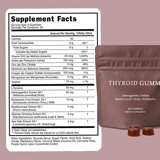 Thyroid Gummies for Women | with Iodine-Rich Kelp, L-Tyrosine, Ashwagandha & Selenium | Energy & Metabolism Support | 60 Gummies