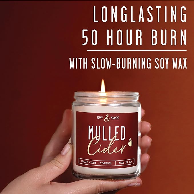 Mulled Cider Candle, Fall Candles I Apple Cider Candle w/Cinnamon & Nutmeg - Infused w/Essential Oils I Mulled Cider Fall Scented Candles (Soy) for Home I 9oz Reusable Jar I 50Hr Burn I Made in USA