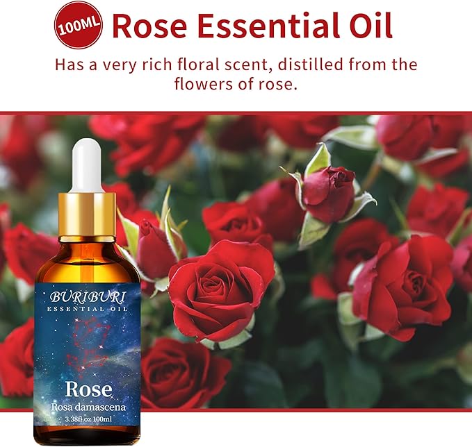 BURIBURI Rose Essential Oil 100ML Gifts Set 100% Pure Natural Undiluted Aromatherapy Rose Oil 3.38fl.oz for Soap, Candle Making, Massage, Diffuser, Humidifier