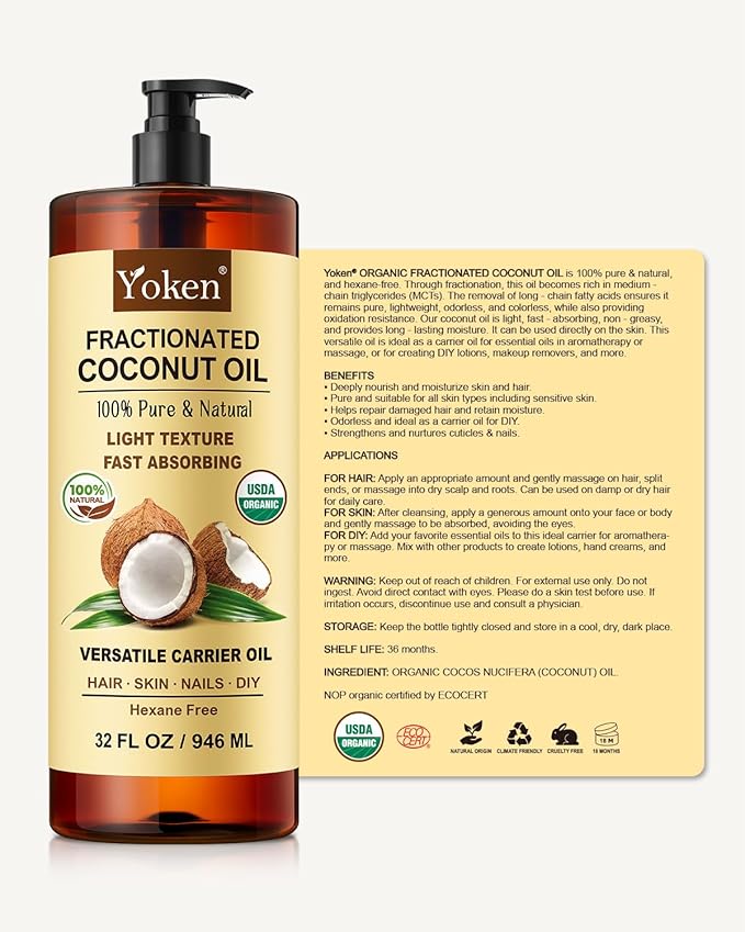 Organic Fractionated Coconut Oil, 32 Fl Oz, USDA Certified Liquid Coconut Oil for Hair & Body, Carrier Oil for Essential Oils, Unscented, Hexane Free