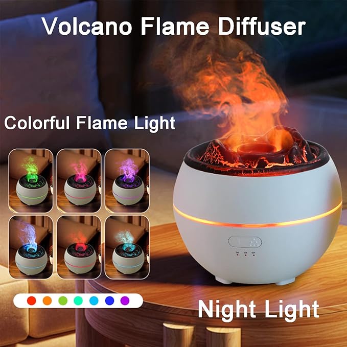 Essential Oil Diffuser, Volcano Fire Flame Aromatherapy Diffuser, 360ml Ultrasonic Cool Mist Humidifier, Scent Aroma Diffuser with 7 Colors Light, Timer & Auto Shut-Off for Home, Room (White)
