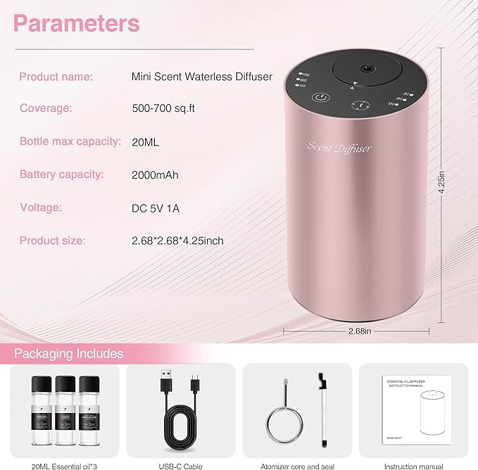 Waterless Essential Oil Diffuser Starter Kit - No Water Needed, Battery Operated Mini Scent Air Machine, Included 3x20ML Essential Oils, Portable Aromatherapy Diffuser for Home & Car & Office, Pink