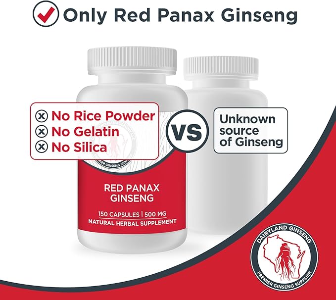 Dairyland Korean Red Panax Ginseng Capsules - 2000 mg Concentrated Potent Ground Ginseng Root Extract - No Fillers, Binders or Other Additives. (75 ct)