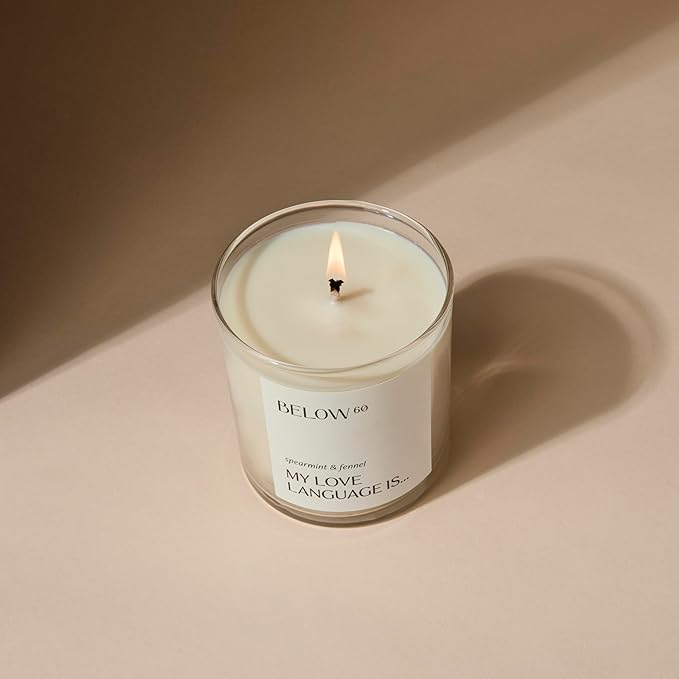 Hilary Duff’s Below 60 Scented Candle | My Love Language is… | Essential Oil-Based Fragrance | Hand-Made with Paraffin-Free Soy Wax | 100% Cotton Wick | 50 hr Burn Time | Spearmint & Fennel (10oz)
