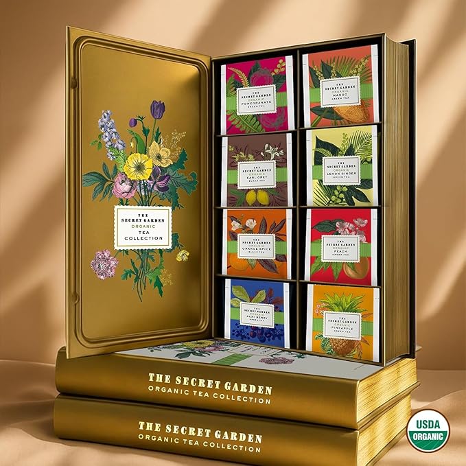 Premium Organic Tea Bag 80 Pack Sampler Designer Tin Book Gift Set 10 Per Flavor Assorted Variety Exotic Fruit Herbal Black And Green Teas Individually Wrapped (8 Flavors)