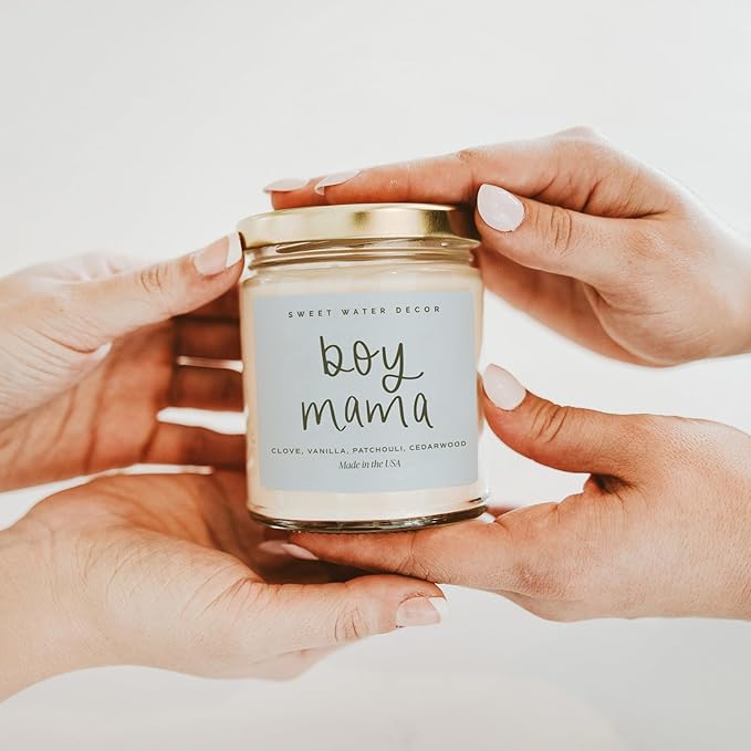 Sweet Water Decor, Boy Mama Candle – Palo Santo, Patchouli, Lavender, Cedarwood, and Vanilla Scented Soy Wax Candle for Moms of Boys – 9oz Clear Jar with Gold Lid, 40+ Hour Burn Time, Made in The USA