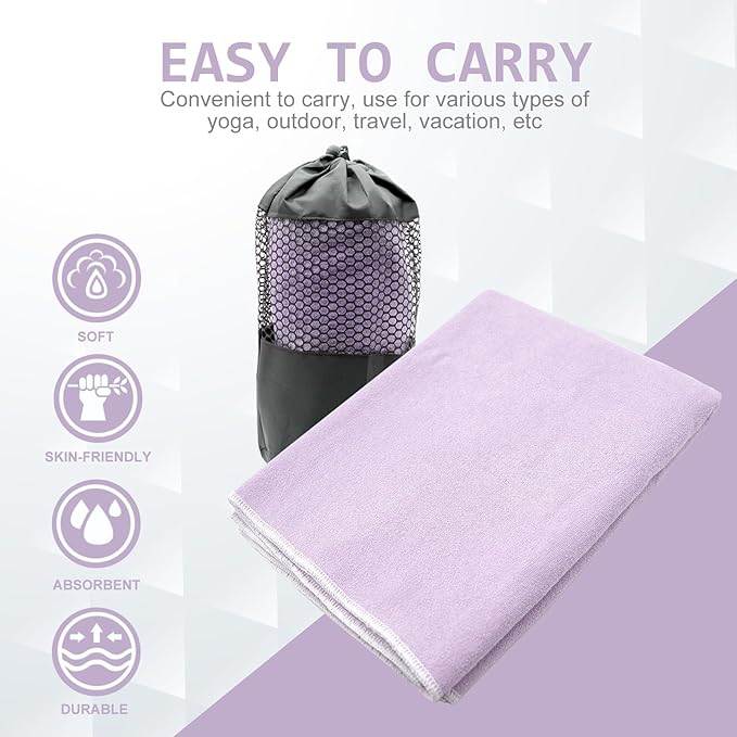 Eunzel Hot Yoga Towel - Microfiber Non Slip Yoga Mat Towel with Grip Dot Sweat Absorbent Towel for Hot Yoga, Pilates and Fitness 72" x 24", Taro Purple/White