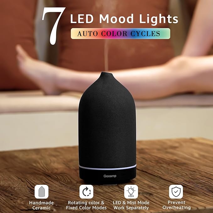 200ML Ceramic Essential Oil Diffuser - Ultrasonic Aromatherapy & Humidifier with 7-Color LED Lights, Auto Shut-Off, Black, 1H/3H/6H Timer | Scent for Home, Office, Yoga