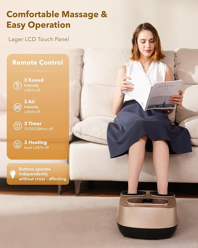 KNQZE Foot Massager with Heat and Remote, Shiatsu Deep Kneading Feet Massager for Plantar Fasciitis & Neuropathy, Foot Warmer, Gifts for Mom Women Men Dad, Fits Up to Men Size 12(Gold)