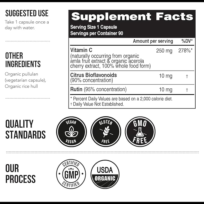 Organic Vitamin C | Whole Food Vitamin C from Fruit Plus Absorption Enhancing Cofactors - Vegan, Enhanced Bioavailability - Immune Support, Antioxidant, Total Health (90 Servings)