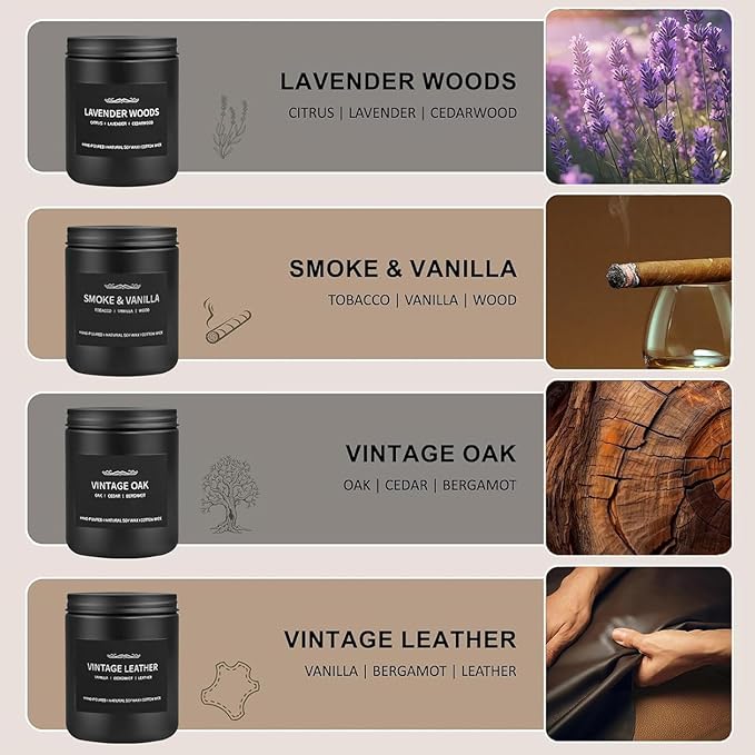 Scented Candle Set, Men Candle Set, Scented Candles for Home, Gifts for Men, 4 Pack Manly Candles Gifts for Mens Scents of Smoke Vanilla/Leather/Oak/Lavender Wood