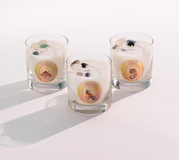 Luxury Glass Jar Candle, Taurus Zodiac Sign, 8.8 oz - Crystal Infused - Scents of Geranium, Fern, Cedar & Amber - Made in USA, Hand Poured, Coconut-Soy Wax, Essential Oil, Dr. Developed