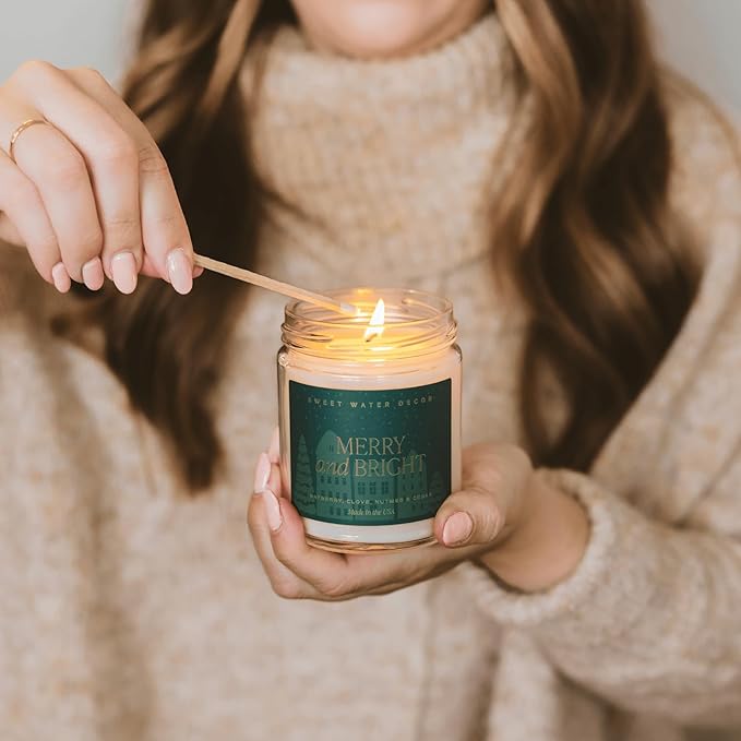 Sweet Water Decor Merry and Bright Christmas Scented Candles - Christmas Stocking Stuffers Soy Candles with Nutmeg Scent - Christmas Candles with 40 Hours Burn Time - 9Oz Gold Lid Clear Jar Candles