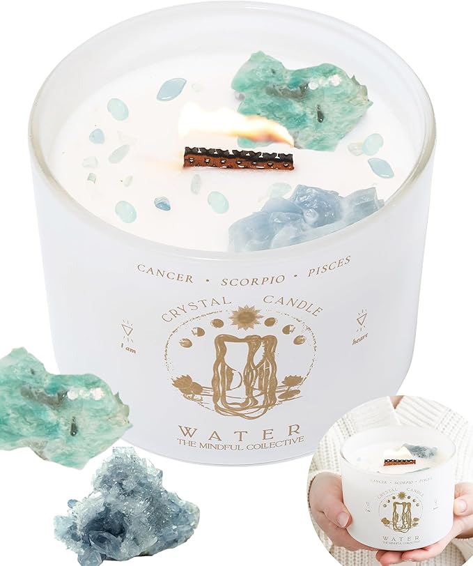 Pisces, Cancer, Scorpio Gifts for Women - 12oz Wood Wick Candles That Crackle with Crystals and Healing Stones. Healing Crystal Candles for Women Home Scented. Soy Wax, for Zodiac Birthdate