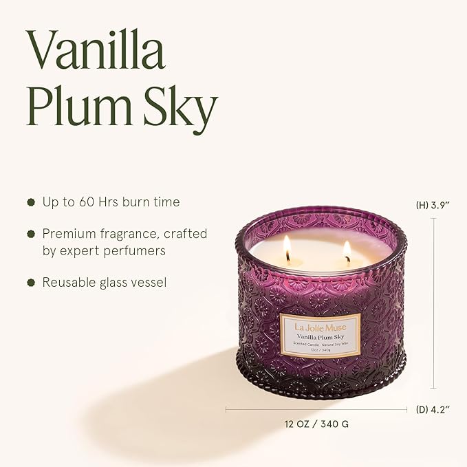 LA JOLIE MUSE Vanilla Plum Sky Candle - Coconut, Vanilla, Plum | 12 oz Large 2-Wick Soy Wax Candle | 60 Hours Clean Burn | Gift-Ready for Hosts & Gatherings | Elegant Home Decor