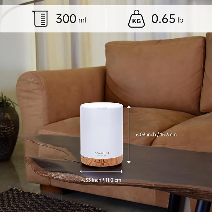 ASAKUKI 300ML Essential Oil Diffuser, Quiet 5-in-1 Premium Humidifier, Home Fragrance Aroma Diffuser with 7 LED Color Changing Light and Auto-Off Switch -Light Brown