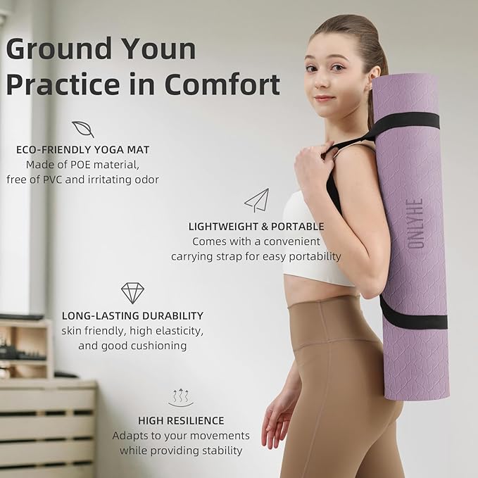 Yoga Mat Extra thick 8mm Exercise mat, Soft Lightweight TPE Fitness Mat with strap, High Elasticity, Anti-fatigue,non-slip mat for Women, Yoga, Camping, Travel, Gym & Outdoor | 72"L x 0.32"Th