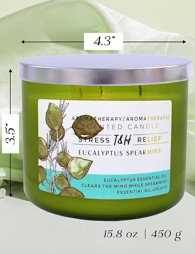 Eucalyptus Spearmint Aromatherapy Candle 3-Wick | Soy Scented Candle for Home 15.8 oz | Stress Relief Candle | Spa Candles Gift for Relaxation, Men & Women | Long Lasting Eucalyptus Candles