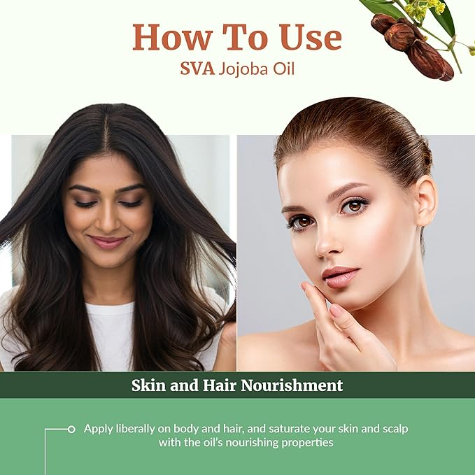 SVA Jojoba Seed Oil Organic - 4 Fl Oz – 100% Natural Cold Pressed Organic Jojoba Oil - for Face, Skin Care, Hair Care, Scalp Massage & Body Massage – Carrier Oil with Dropper