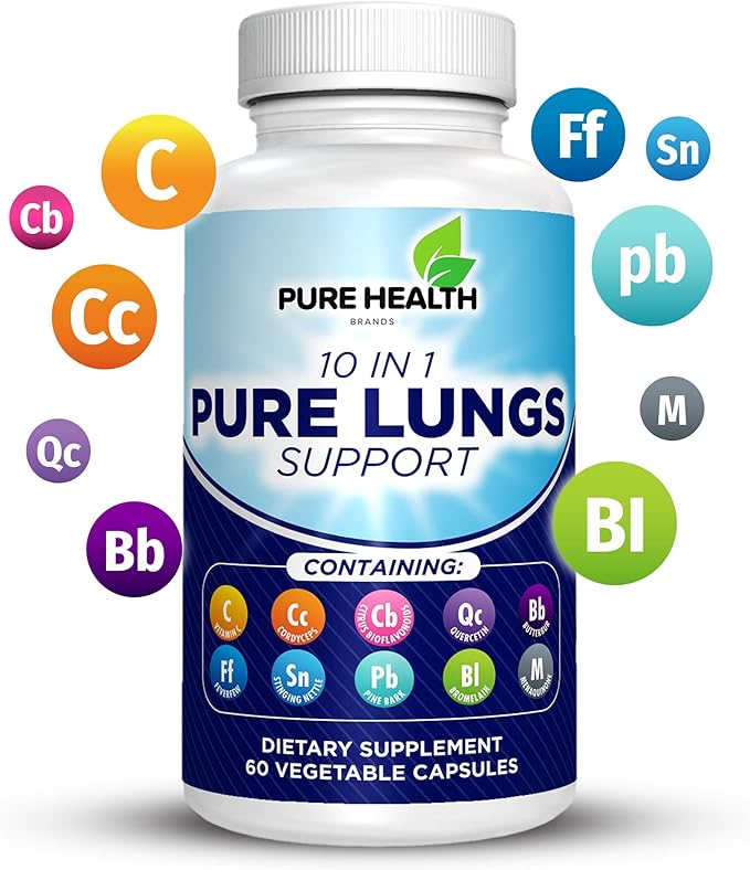 Pure Lungs Support – 10-in-1 Lung Cleanse & Detox Supplement for Smokers & Respiratory Health – with Quercetin, NAC, Cordyceps, Pine Bark, Vitamin C & Butterbur – 60 Capsules
