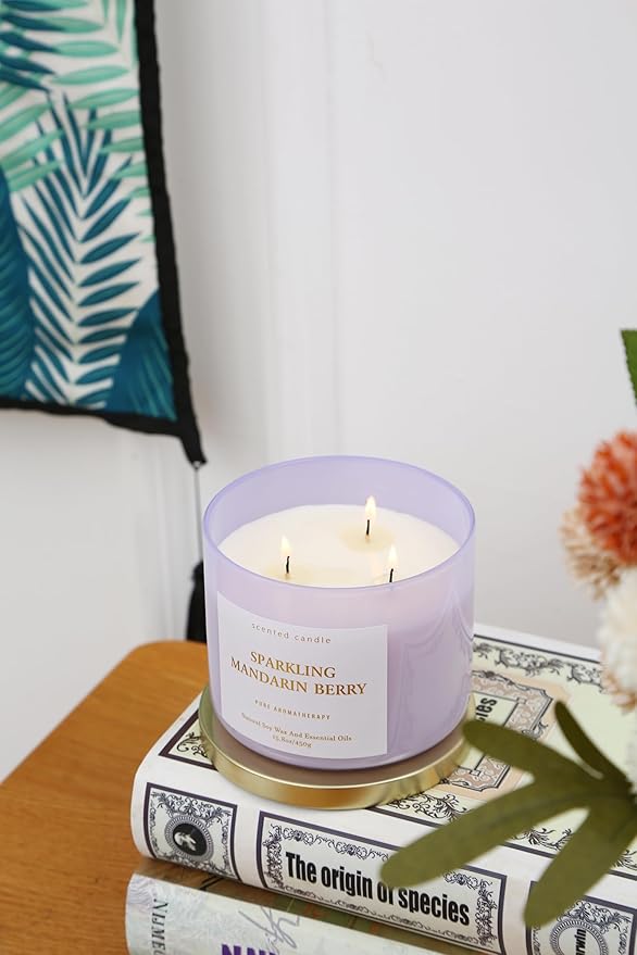 Sparkling Mandarin Berry 3-Wick Scented Soy Candle 15.8 oz | Large Citrus & Fruit Candle for Home Relaxation | Aromatherapy Stress Relief Candles | Long-Lasting Clean Burn