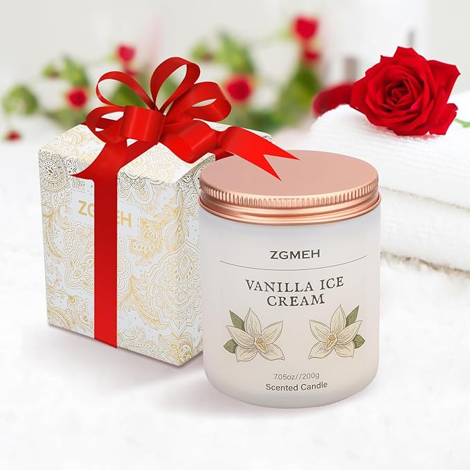 Vanilla Ice Cream Scented Jar Candles for Home- 100% Natural Soy Wax, Strong Fragrance,Soy Candle, Party & Holiday Gift, Gifts for Men Women,7.05 oz, 40 Hours Burn Time