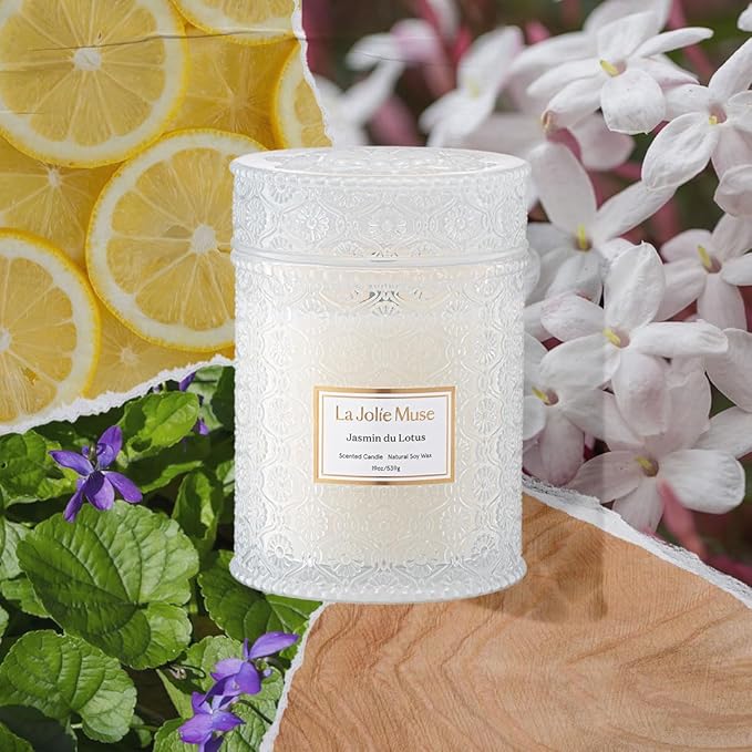 LA JOLIE MUSE Jasmin du Lotus Candle - Ivy, Jasmine, Cedarwood | 19 oz Large Wooden Wick Candle | Natural Soy Wax | 90 Hours Clean Burn | Gift-Ready for Hosts & Gatherings | Modern Home Decor