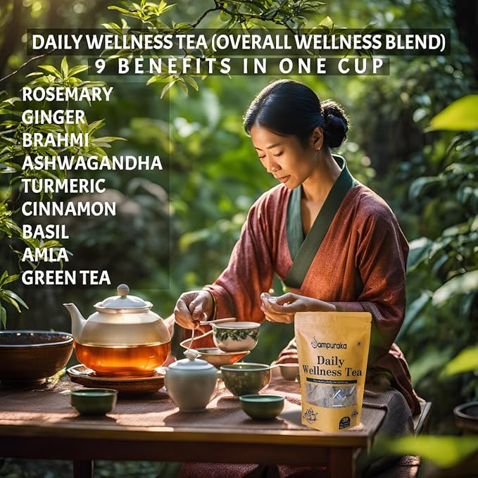 Sampuraka Daily Wellness Tea – Herbal Tea for Immunity & Relaxation Support with Turmeric, Ashwagandha, Ginger | Organic, Caffeine-Free (90 Tea Bags)