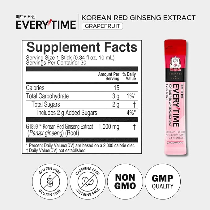 JUNG KWAN JANG Everytime Energy Boost Korean Red Ginseng Extract Stick 1,000mg & Honey - Vegan Ginseng Energy Drink Liquid Stick Supplements - Builds Stamina & Immunity No Caffeine (30 Sticks)