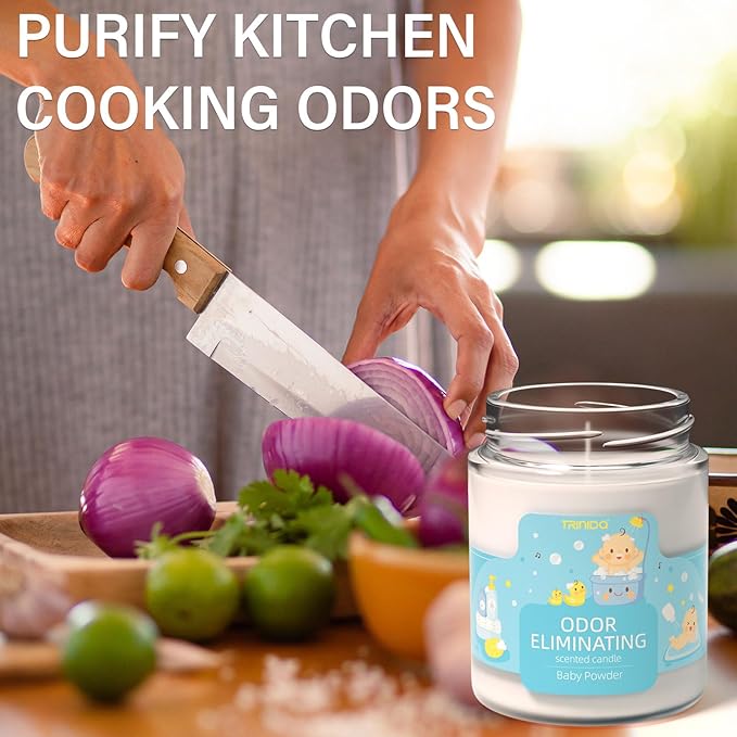 TRINIDa Baby Powder Odor Eliminating Candles for Home Scented, Eliminates 99% of Pet, Smoke, Food and Other Smells Quickly, Highly Fragranced Candle, Premium Soy Candles Set for Women