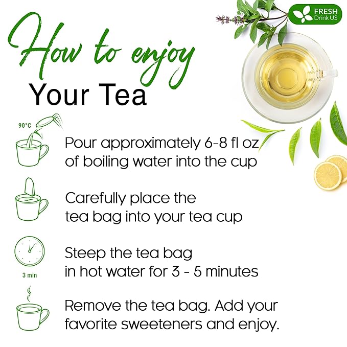 FreshDrinkUS, Premium 30 Tulsi Green Tea Bags, 100% Natural, Blend of Tulsi Holy Basil Leaves, and Green Tea Leaves. Made with Natural Material Tea Bags. No Sugar, Vegan.