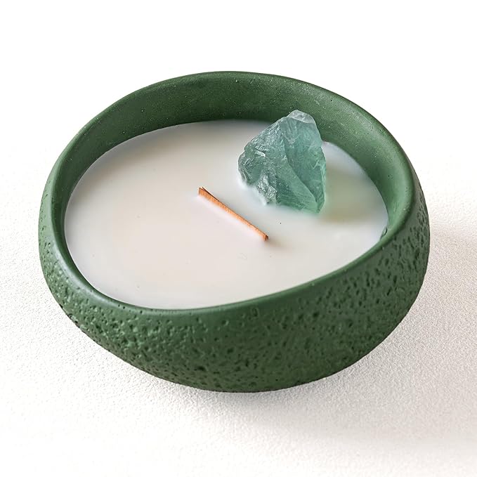 Simple Deluxe Aromatherapy Candle with Green Calcite Crystal & Wood Wick | Rose & Myrrh Scented Candle 2.5 oz Soy Wax with Ritual Paper and Cinnabar for Spiritual Cleansing, Emotional Healing