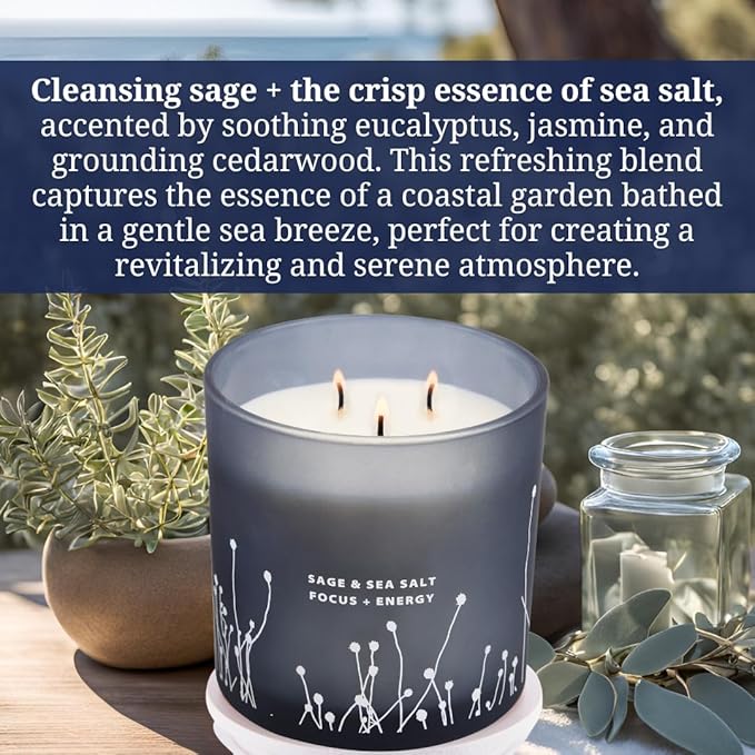 White Sage Sea Salt 3 Wick Candle - Large Soy Scented Candle 14.5 oz - Sage Candle for Cleansing House - Aromatherapy Energy Cleansing Candle for Home, Stress Relief, Women & Men
