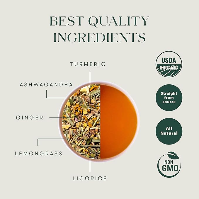 Luxmi Estates - Astounding Ashwagandha - Organic Loose Leaf Tea - 100g (50 Cups) | With Ashwagandha, Turmeric, Ginger, Lemongrass & More | Perfect Stress Relief Tea