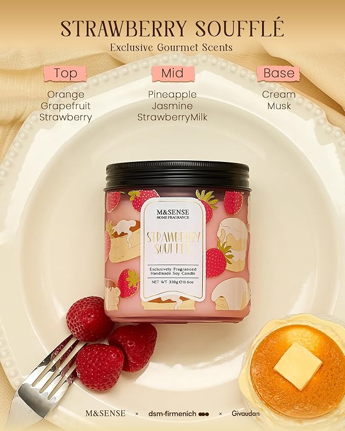 M&SENSE Strawberry Souffle Scented Candle, 11.6oz Natural Soy Wax Non Toxic, 2 Wick Jar Candle, Up to 70 Hours Clean Burn, Gifts for her to Creat a Sweet Ambiance