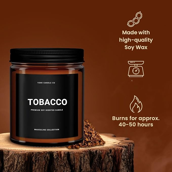 1OAK Tobacco Candle - Scented Candles for Men (Tobacco) - Pipe Candle - Cigar Scented Candles - Long Burning Premium - Soy Wax (7oz.)