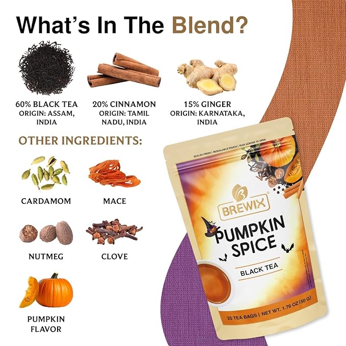 BREWIX, Pumpkin Spice Black Tea Bags (25 Pyramid Bags) | Cozy Fall Blend with Cinnamon, Ginger, Nutmeg & Clove | Caffeinated, Warm & Aromatic | Perfect for Autumn & Halloween