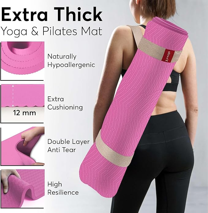 Feetlu Extra Thick 12mm Exercise Mat – Non-Slip, Joint-Friendly & Cushioned Fitness Mat for Yoga, Pilates & Floor Workouts – Durable, Supportive & Includes Feetlu Classic Strap