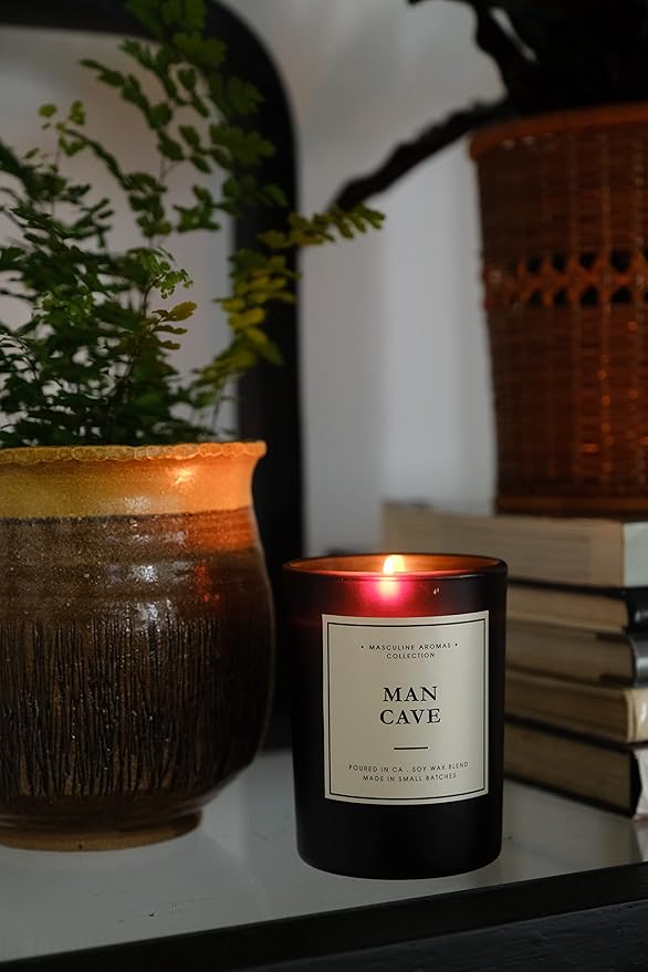| Masculine Aromas | Small Batch | Soy Wax | 40 Hours | Scented Mens Candles with Natural Essential Oils | Vegan (Man Cave)