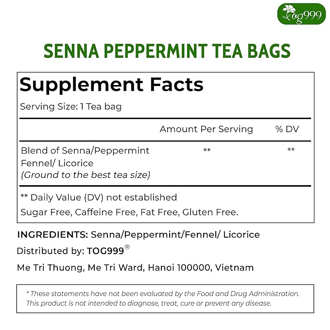 TOG999, 100 Tea Bags, Blend of Senna Leaves - Peppermint - Licorice - Fennel, 100% Natural Ingrendients, Hand-made Herbal Tea, Relieves Constipation Naturally Tea, No Sugar, No Caffeine, No Gluten, Vegan.